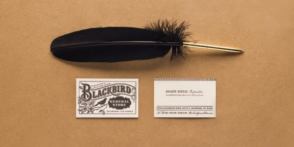 Blackbird General Store business cards with feather