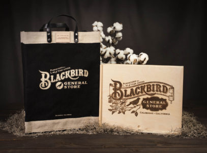 Blackbird General Store canvas bag and etched wood box