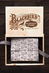 Blackbird General Store etched wood box with printed wrapping paper