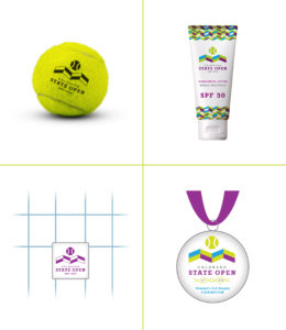 Colorado State Open tennis ball, sunscreen, dampener, and medal
